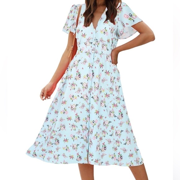 Roylamp Floral Short Bell Sleeve Button Down Dress Pockets MIDI Deep V-Neck - Picture 1 of 10